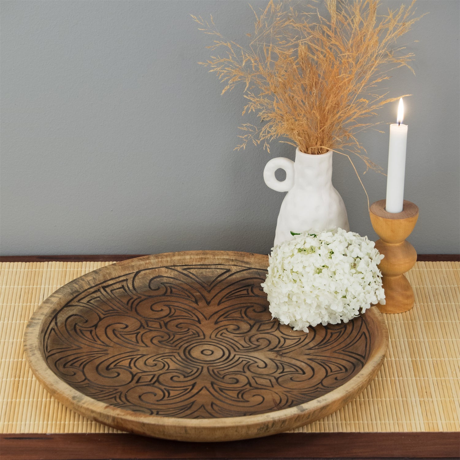 HOLZ SCHALE "MANDALA" | Holz, 44 cm | Deko Teller mit Schnitzerei