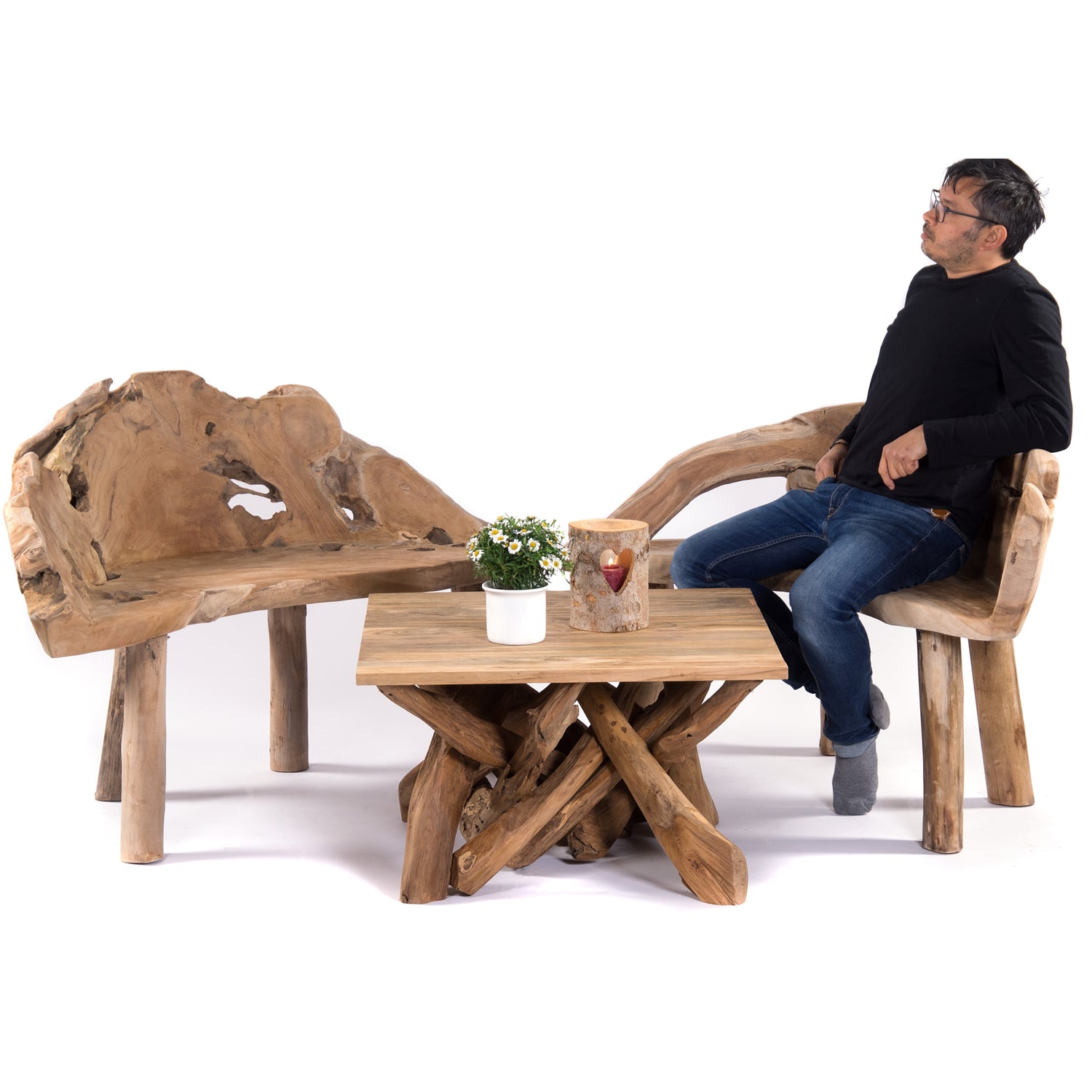 SITZGRUPPE "MILA" | Teak, 3-teilig | Wurzel Bistro Set, Sitzgarnitur