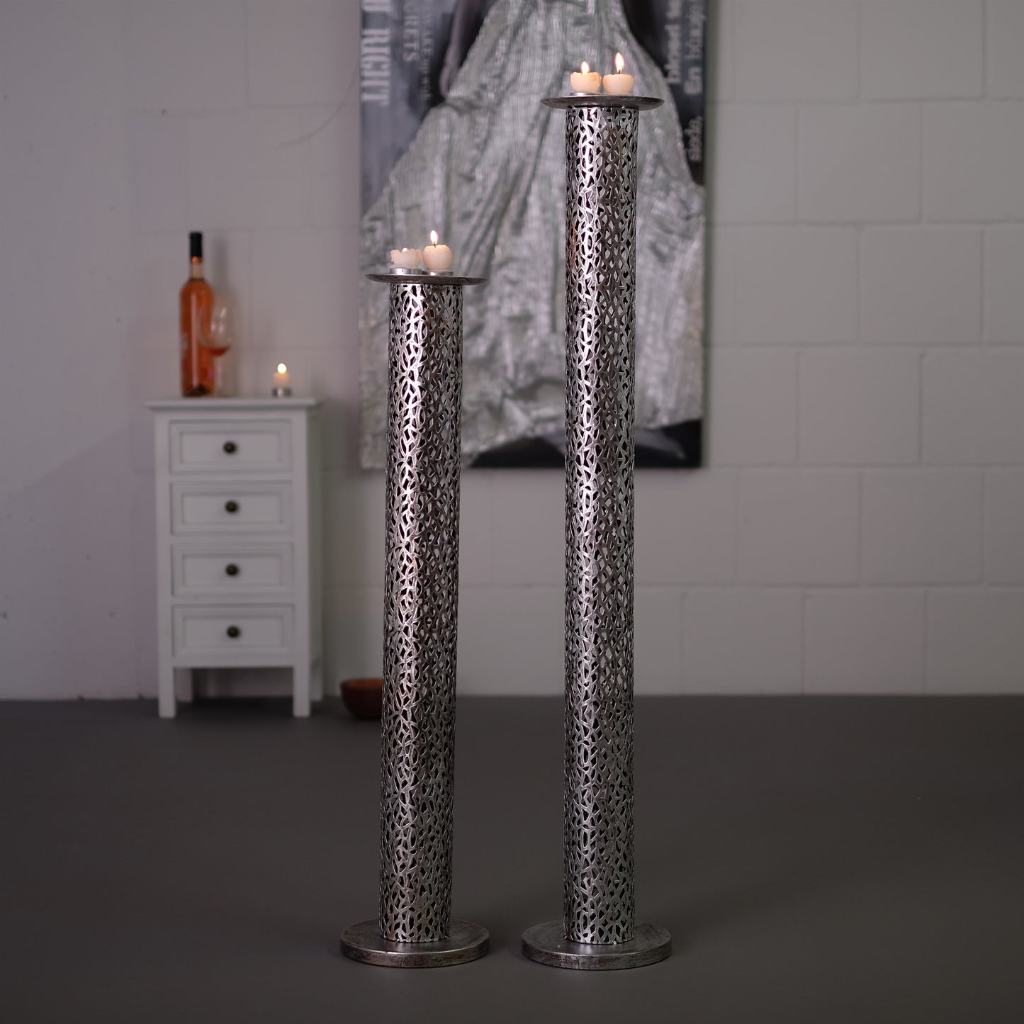 RIESEN KERZENSTÄNDER "ETERNAL II" | Metall 100cm, antik-silber | Säule