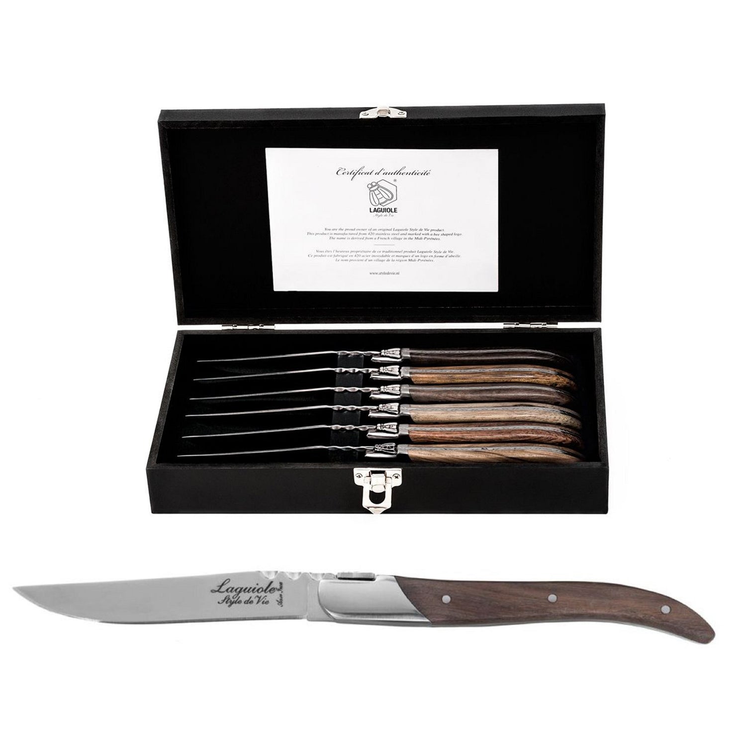 LAGUIOLE STEAKMESSER "MISCHHOLZ" | 6 Holzarten | 6 Messer im Etui