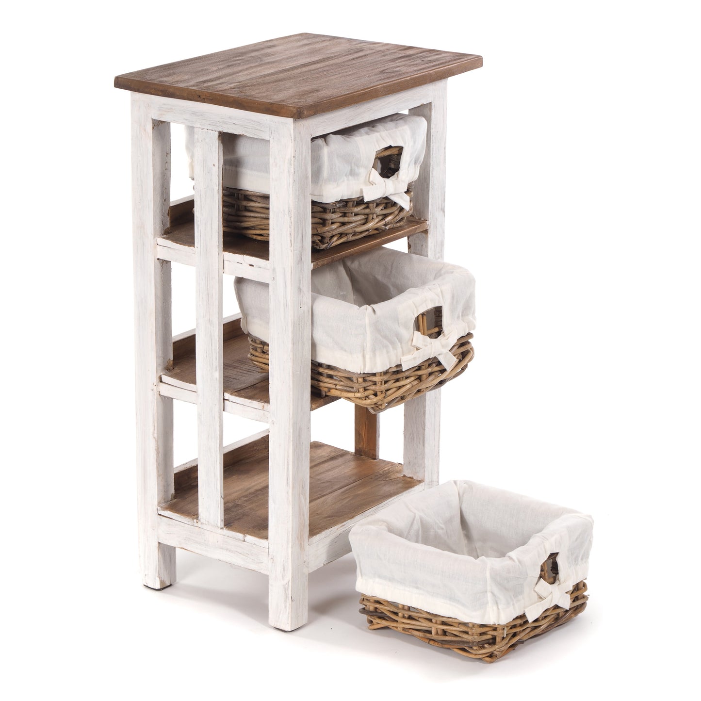 KOMMODE RATTAN mit 3 Körben, 70x40cm (HxB)| Badschrank, Holzregal weiß