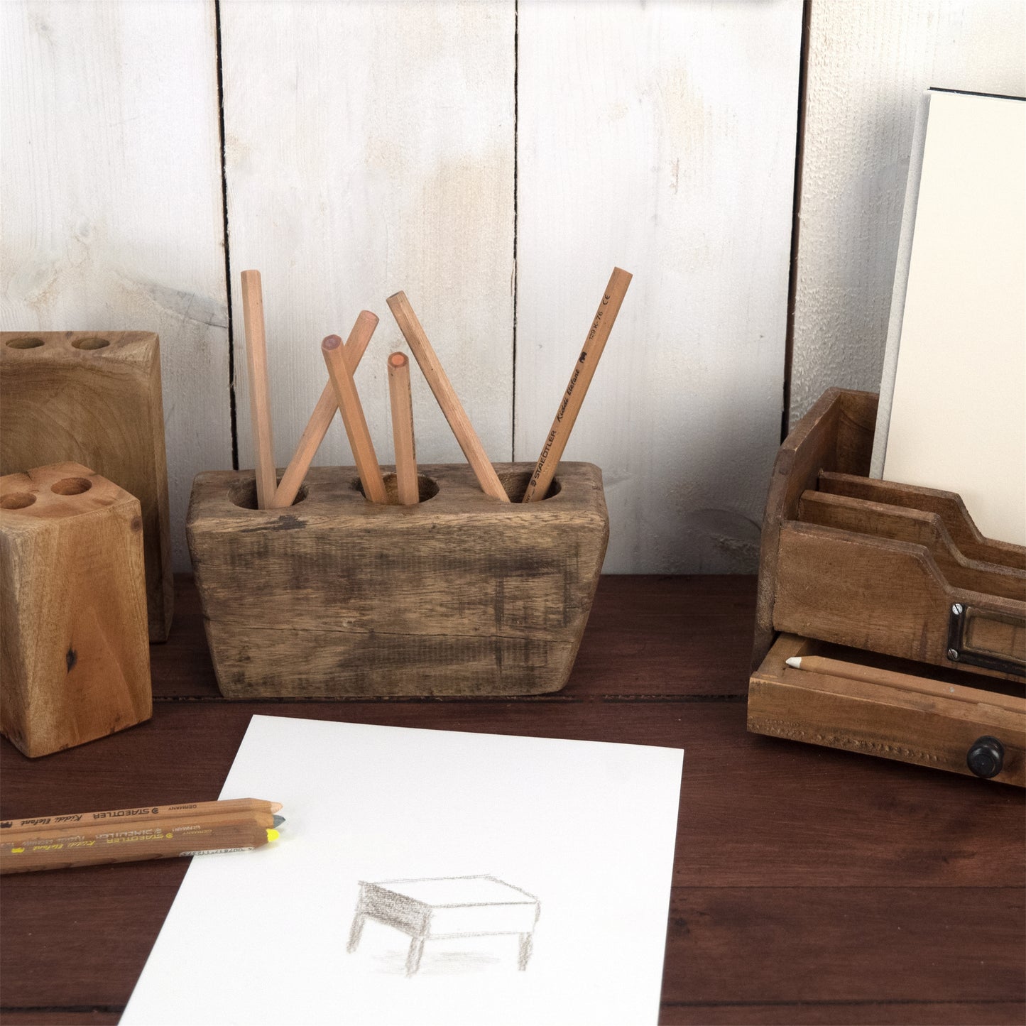 STIFTEHALTER BOX "STATION III" | Mahagoni & Teak, 22 cm | Stifteköcher