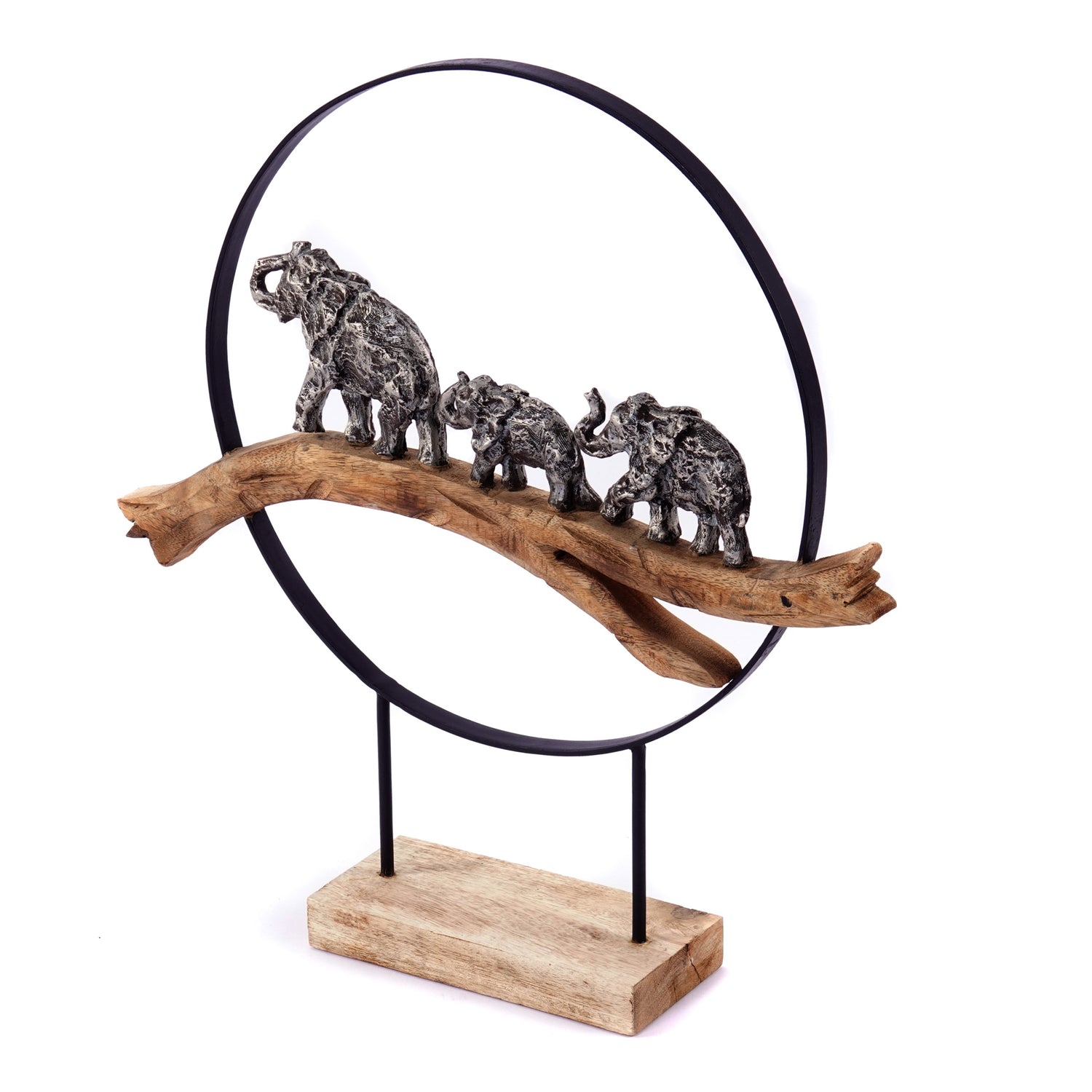 SKULPTUR "ELEPHANTS IN RING" | Mangoholz | Deko Aufsteller Elefanten