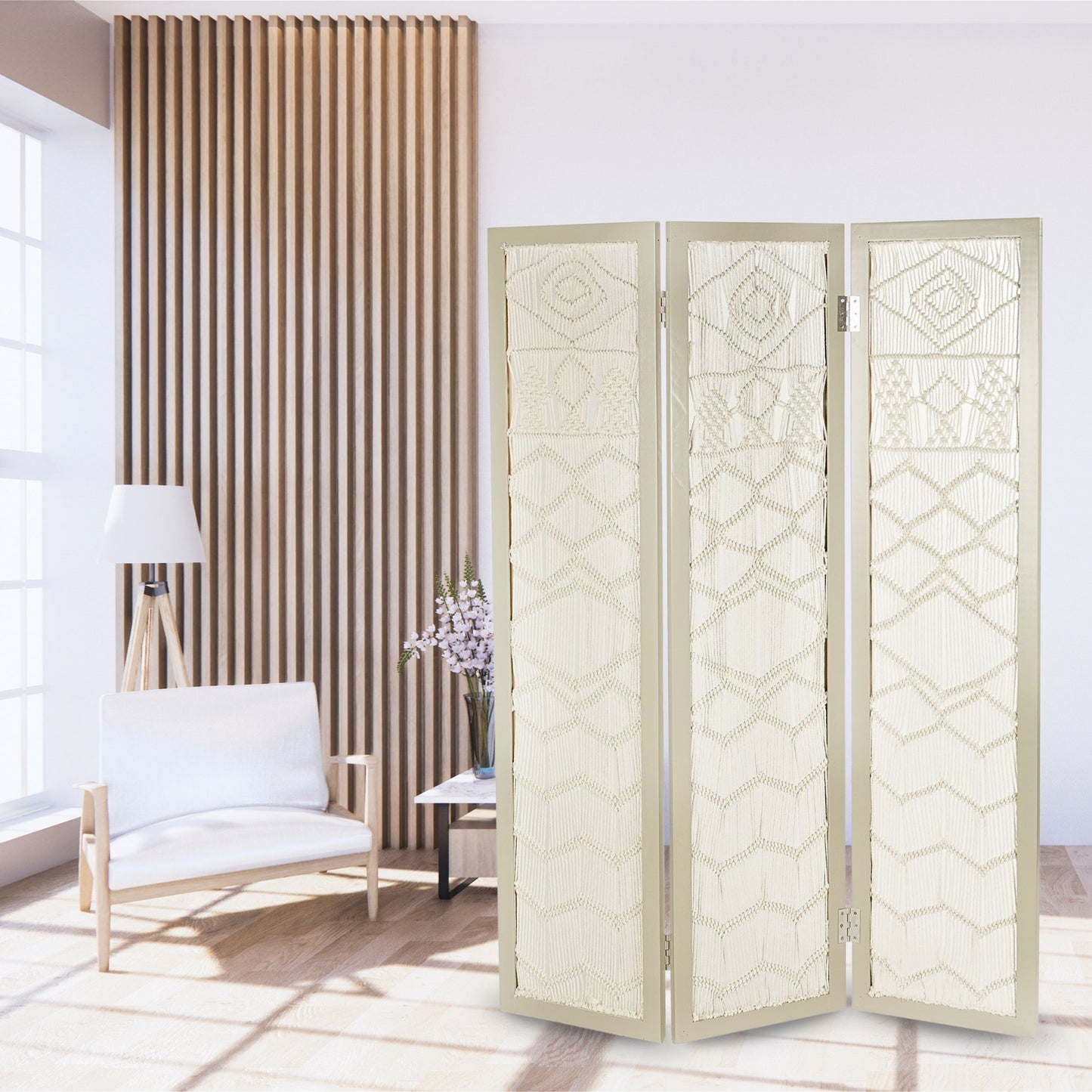 RAUMTEILER "INDIAN SUMMER" | 170x120cm, Makramee, weiß | Deko Paravent