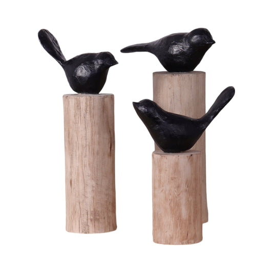 VOGEL SKULPTUR "BIRDY 3er Set" | Mangoholz | Vogel auf Holzstamm